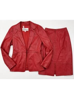 Vintage Red Leather 2 Piece Skirt Suit Set Womens Small Longline Blazer Jacket